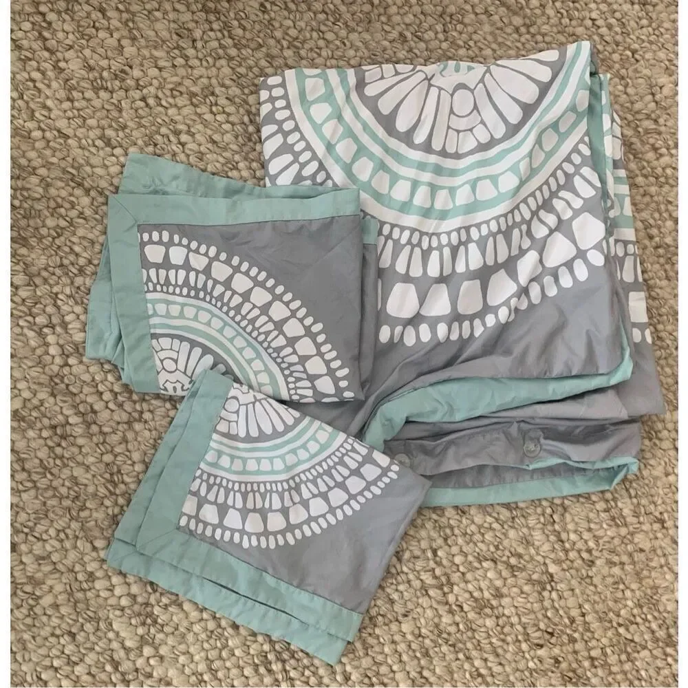 Room Essentials TARGET Boho BLUE GRAY Duvet Cover & 2 Pillowcases SET FULL QUEEN